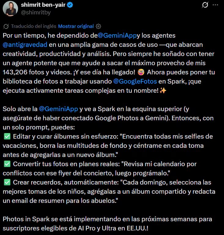 Gemini Spark ahora podrá administrar tu biblioteca de Google Fotos. (X)