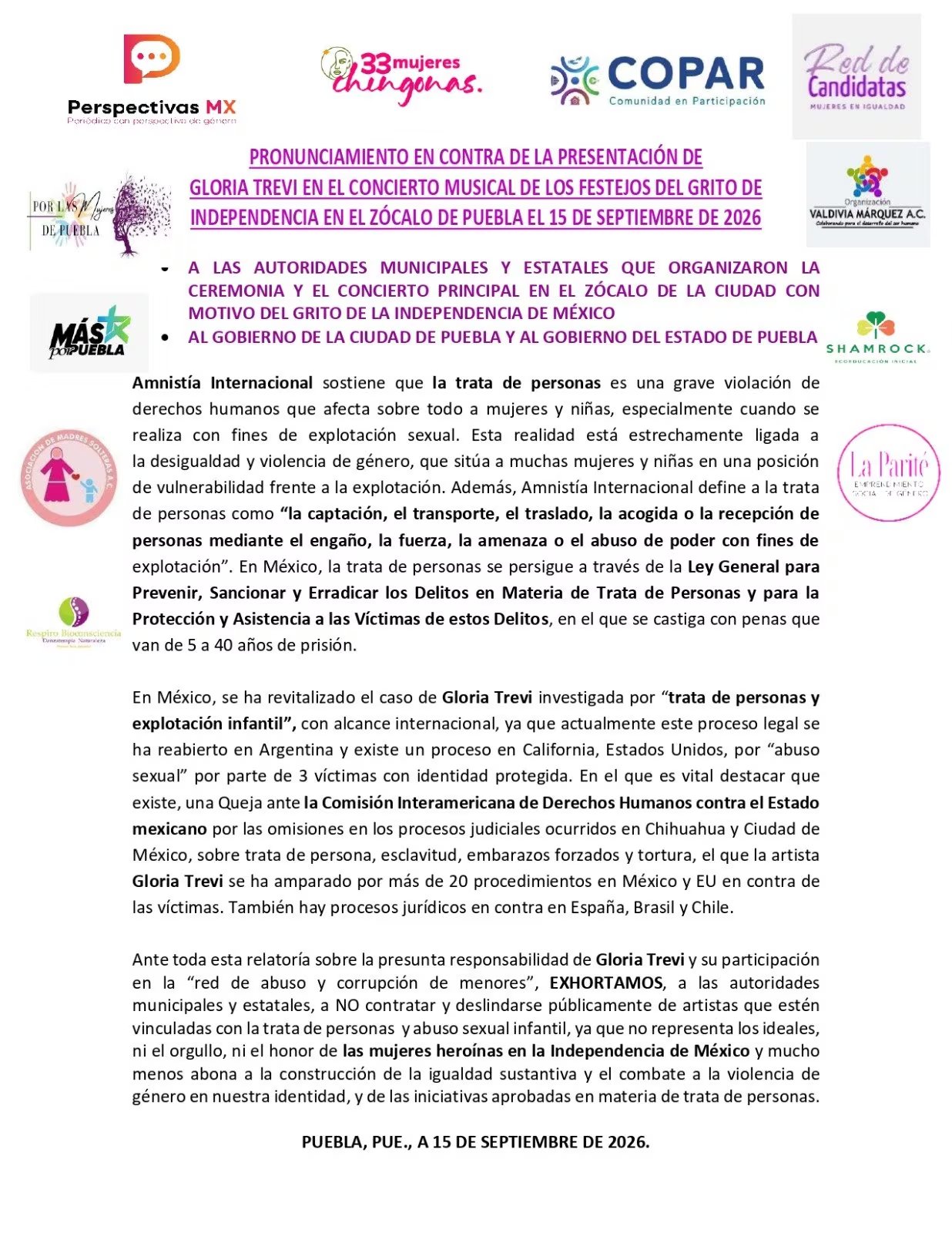 Trece organizaciones feministas exigieron la cancelación de su concierto la noche del 15 de septiembre. (X: @XLasMujeresdPue)