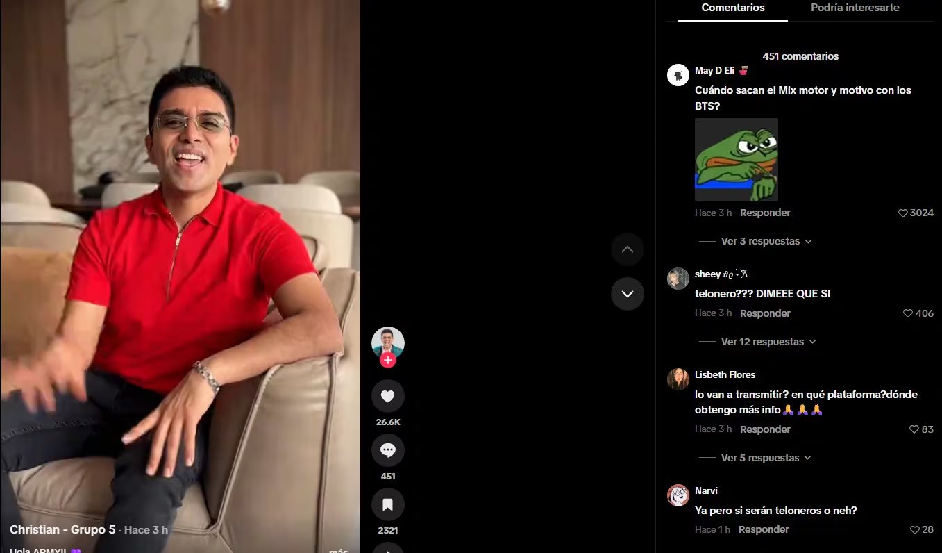 Christian Yaipén invita a los ARMY al streaming party de BTS y confirma que irá a sus conciertos en Lima. Captura: TikTok.
