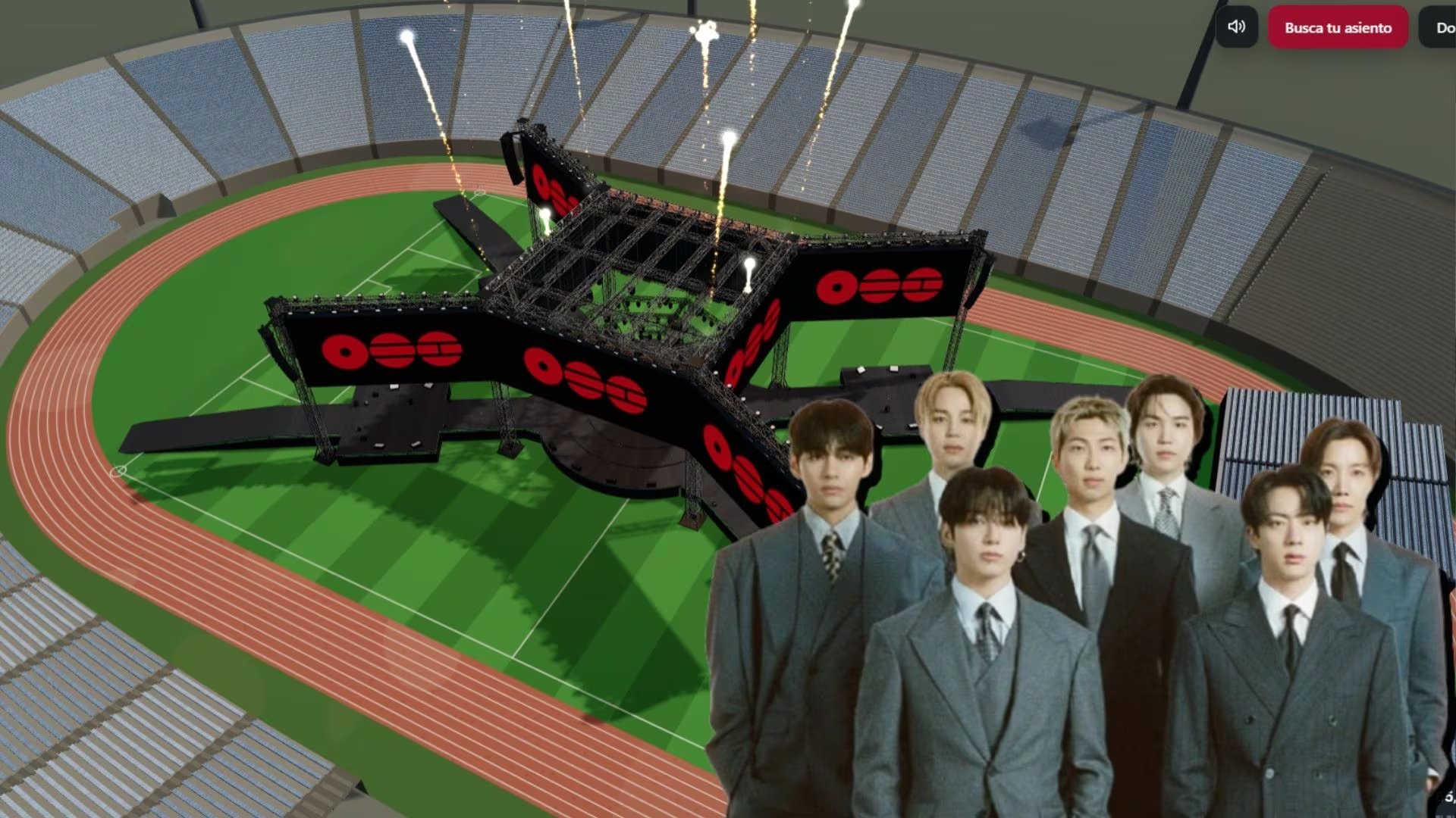 Un simulador tridimensional recrea la disposición del escenario para la banda BTS en el Estadio de San Marcos. (Infobae Perú)