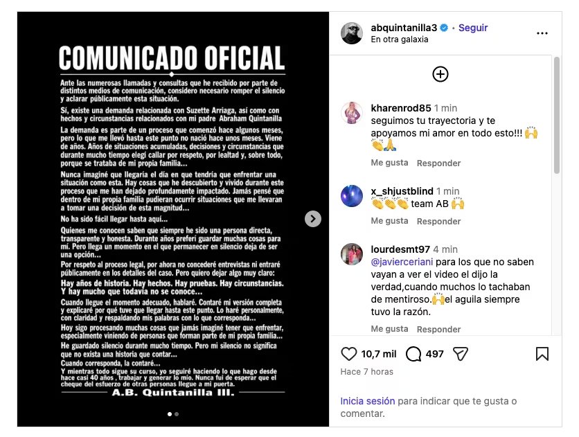 AB Quintanilla comunicado - (Instagram)