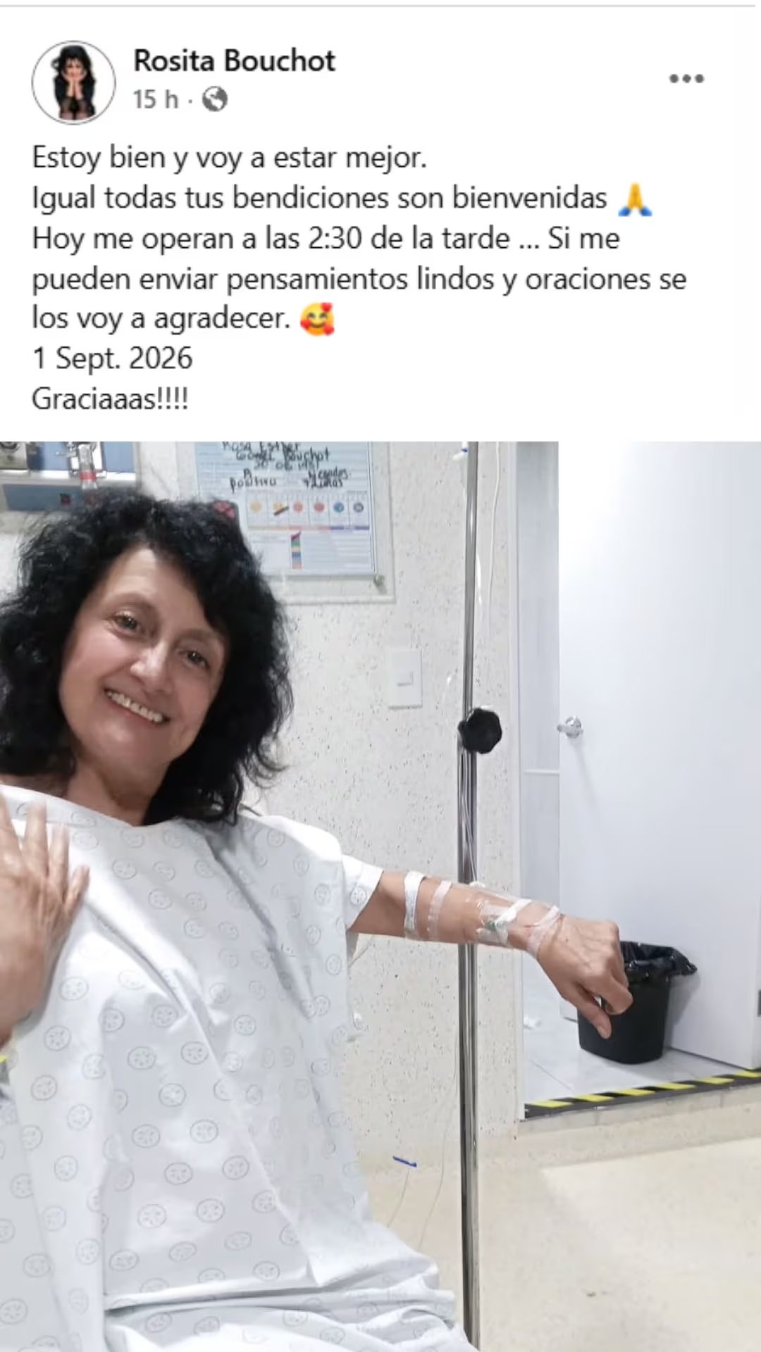 La actriz Rosita Bouchot comparte un mensaje desde el hospital para comunicar a sus seguidores sobre su estado de salud e intervención médica. (Facebook: Rosita Bouchot)