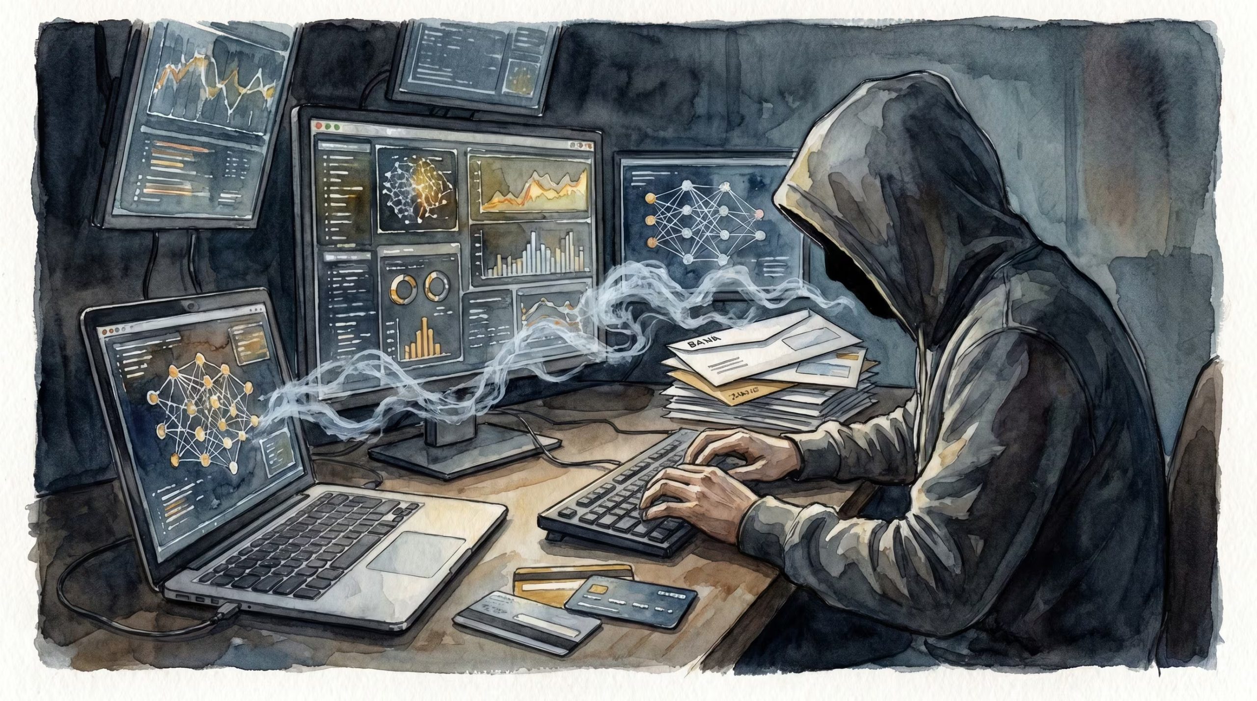 Un estafador encapuchado utiliza múltiples pantallas que muestran datos complejos y redes neuronales, simbolizando el uso de inteligencia artificial en la creación de fraudes bancarios modernos que son difíciles de detectar. (Imagen Ilustrativa Infobae)