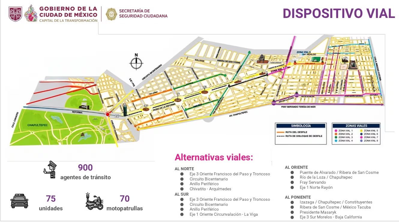 La Secretaría de Seguridad Ciudadana de Ciudad de México detalla las alternativas viales y el despliegue de 900 agentes de tránsito para las fiestas patrias. (X/ @GobCDMX)