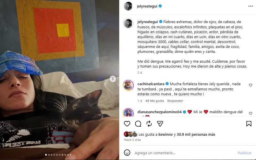 La actriz Jely Reátegui comunica en sus redes sociales su estado de salud tras ser hospitalizada por dengue. (Jely Reátegui)