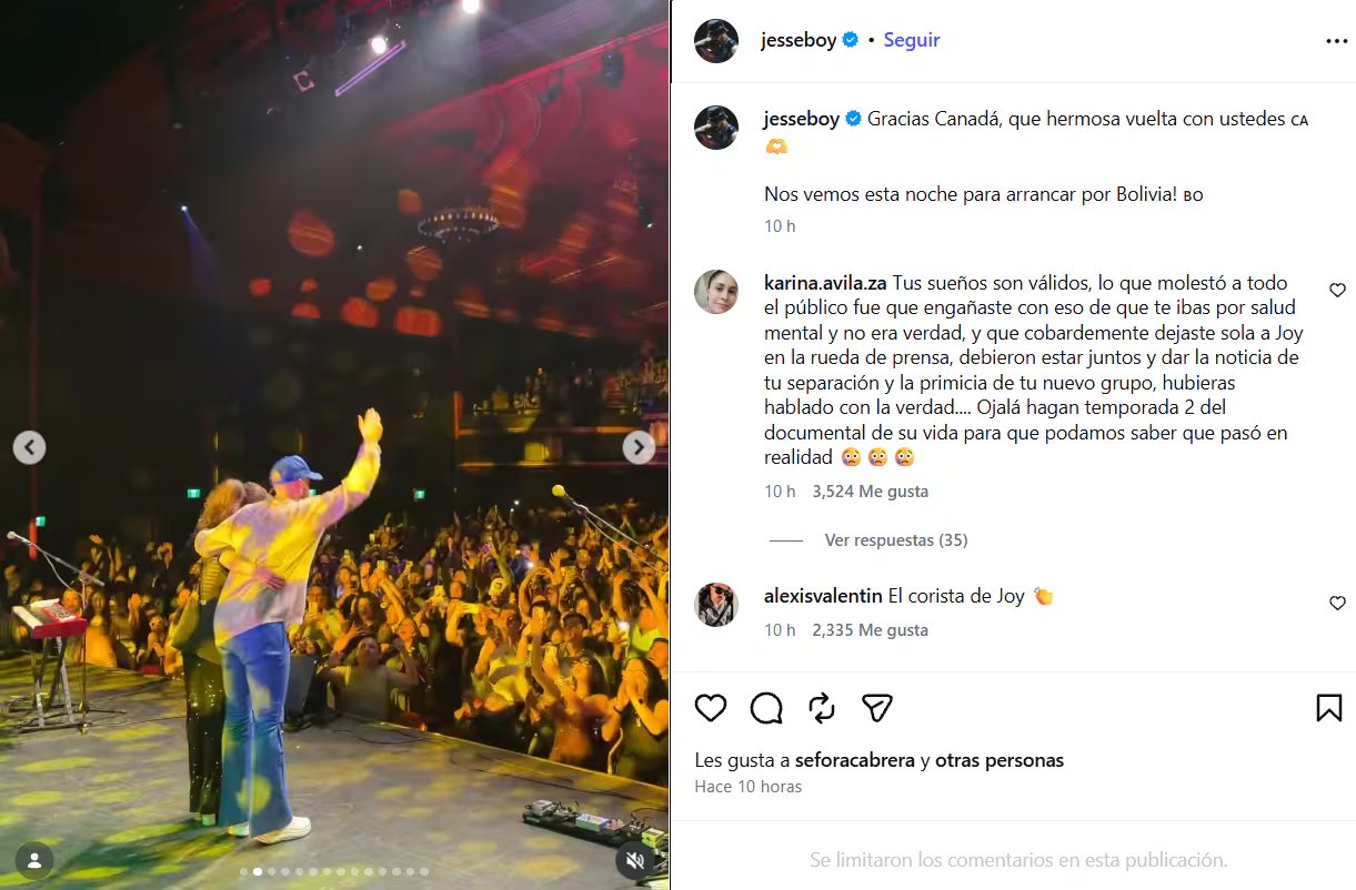 Los integrantes del dúo Jesse y Joy se abrazan sobre el escenario durante una presentación en Toronto ante una multitud. (Instagram: Jesse Huerta)