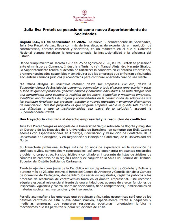 Comunicado de la Superintendencia de Sociedades informó sobre la posesión de Julia Eva Pretelt y los principales retos de su administración. - crédito Superintendencia de Sociedades