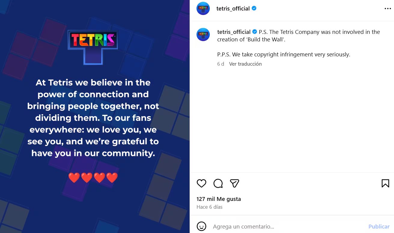 En una publicación de Instagram, Tetris Company afirmó creer