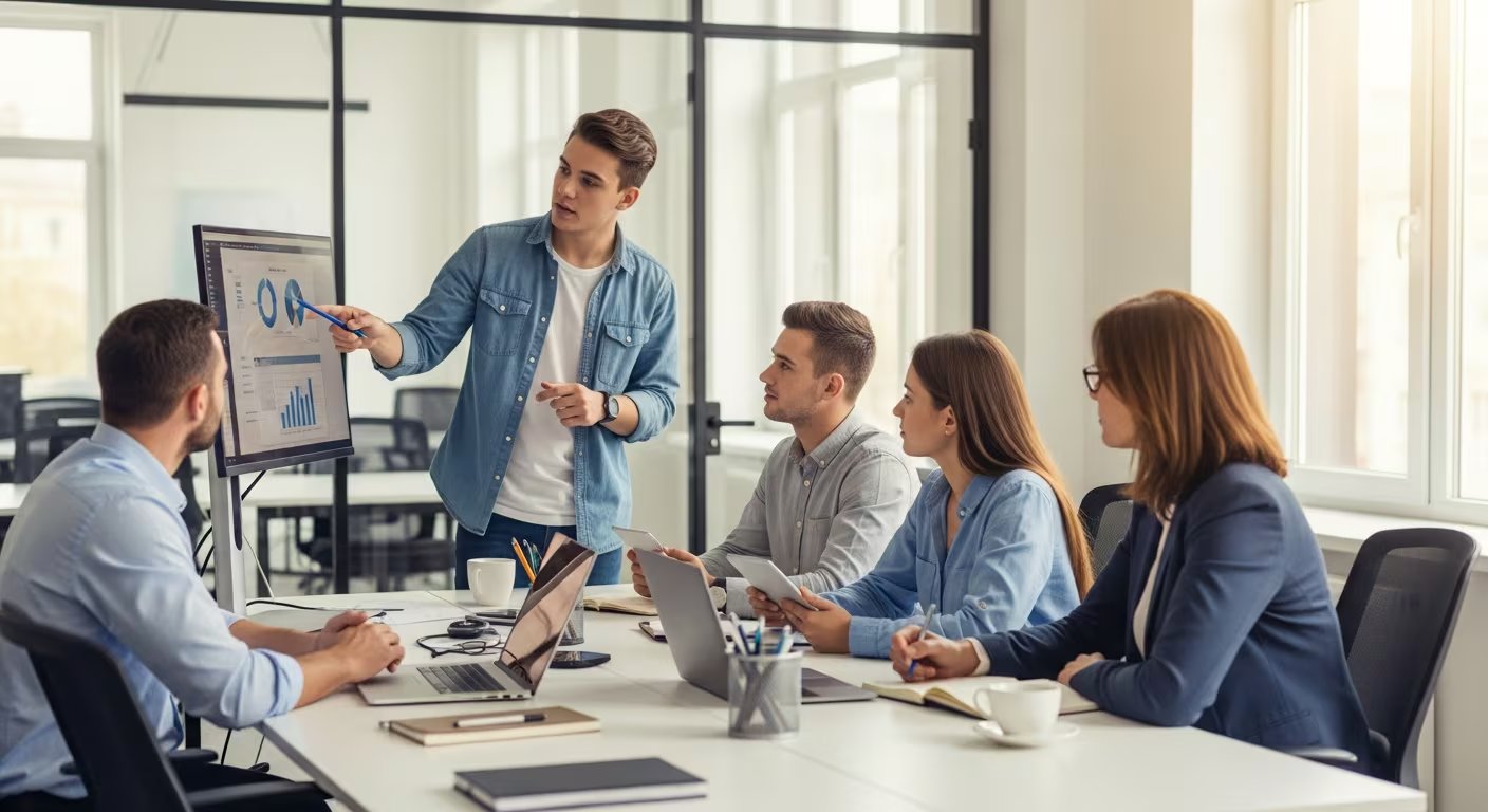 Integrantes de la Generación Z analizan unos gráficos de su empresa. (Imagen ilustrativa Infobae)