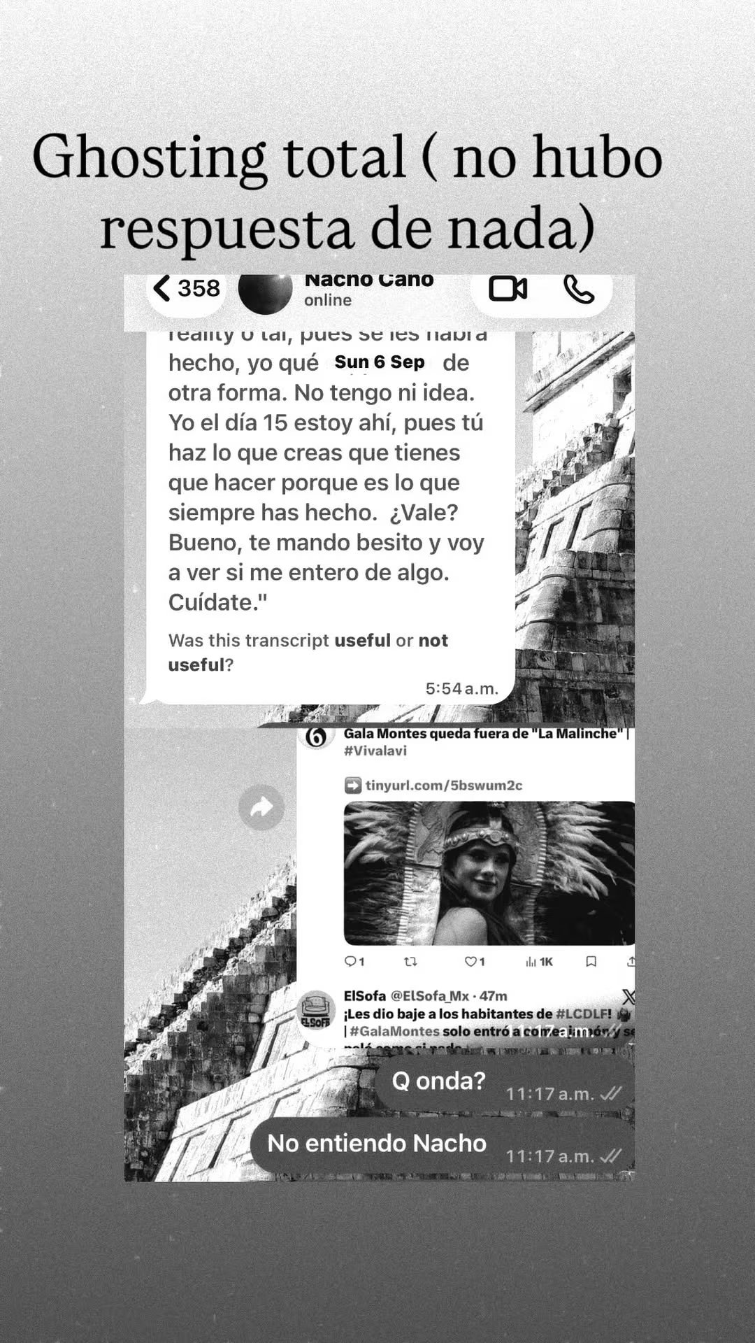 Una publicación en redes sociales expone capturas de conversaciones entre la actriz Gala Montes y el productor Nacho Cano respecto a la obra teatral La Malinche. (Gala Montes/Instagram)