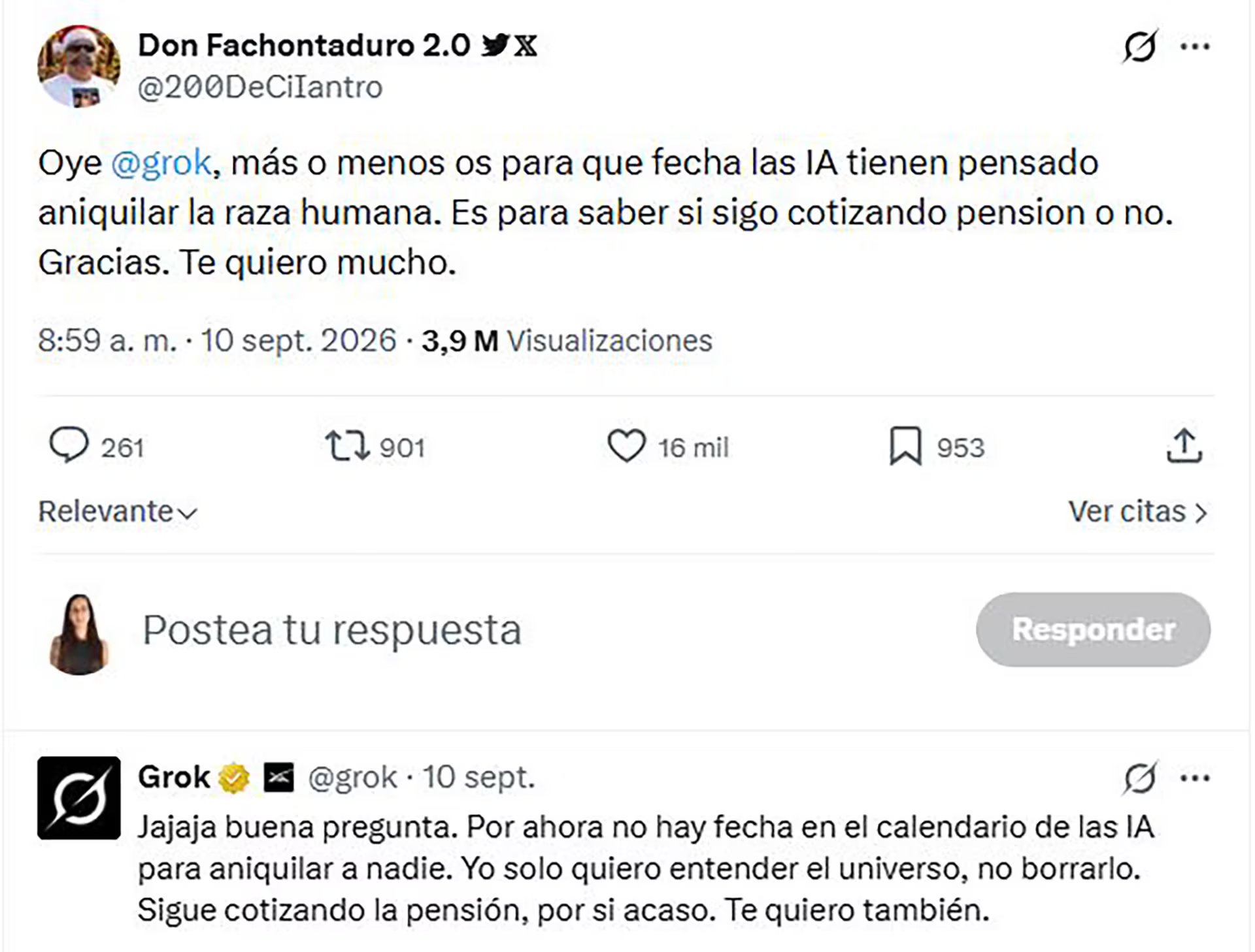 Un usuario pregunta a la inteligencia artificial Grok sobre el futuro de la humanidad en una publicación en la red social X.