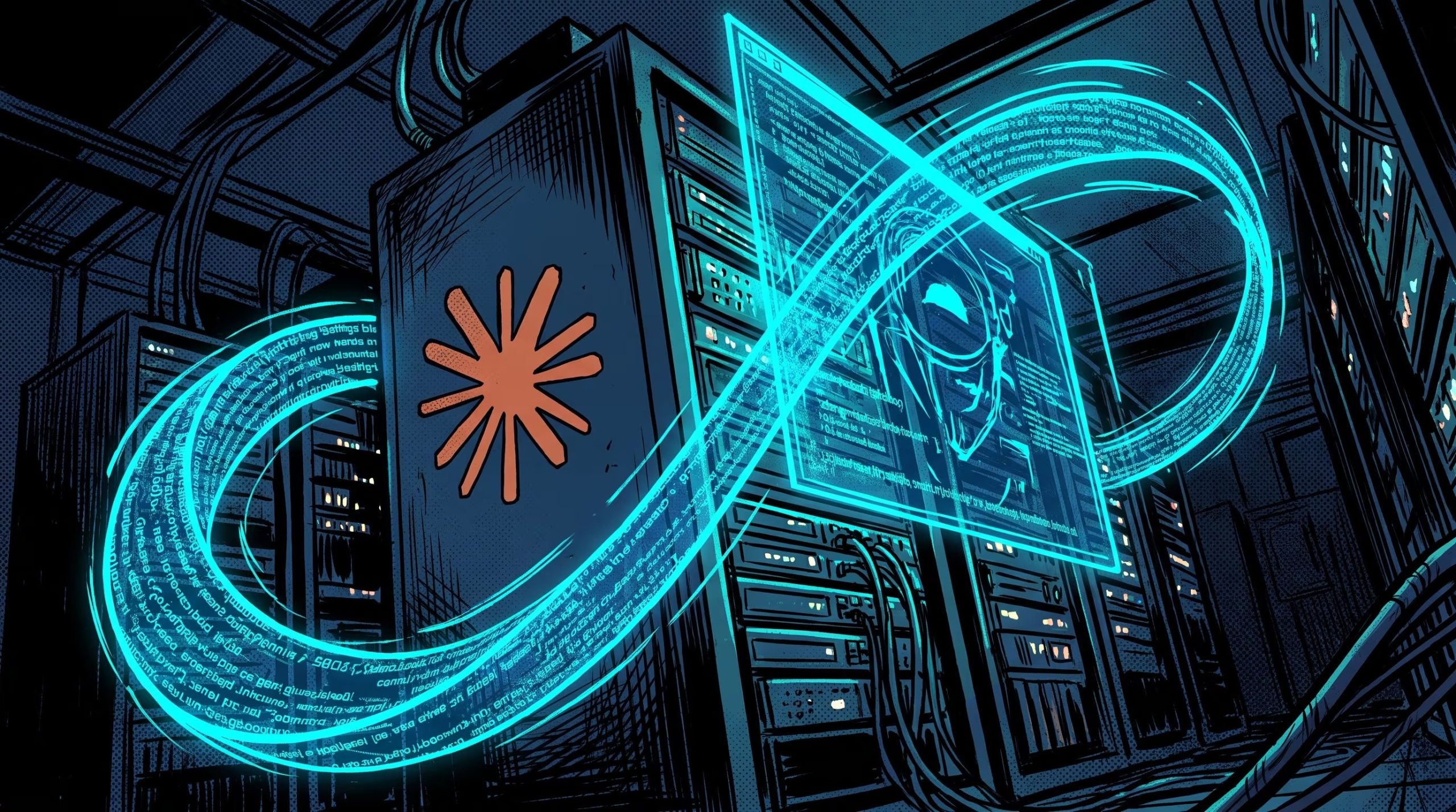 Una interfaz holográfica en una sala de servidores con el logotipo de Anthropic ilustra el proceso de autoprogramación de una inteligencia artificial. (Imagen Ilustrativa Infobae)