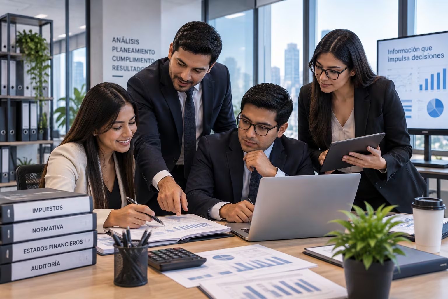 Un equipo de contadores evalúa informes financieros y datos presupuestarios en una oficina equipada con herramientas digitales. (Imagen Ilustrativa Infobae)