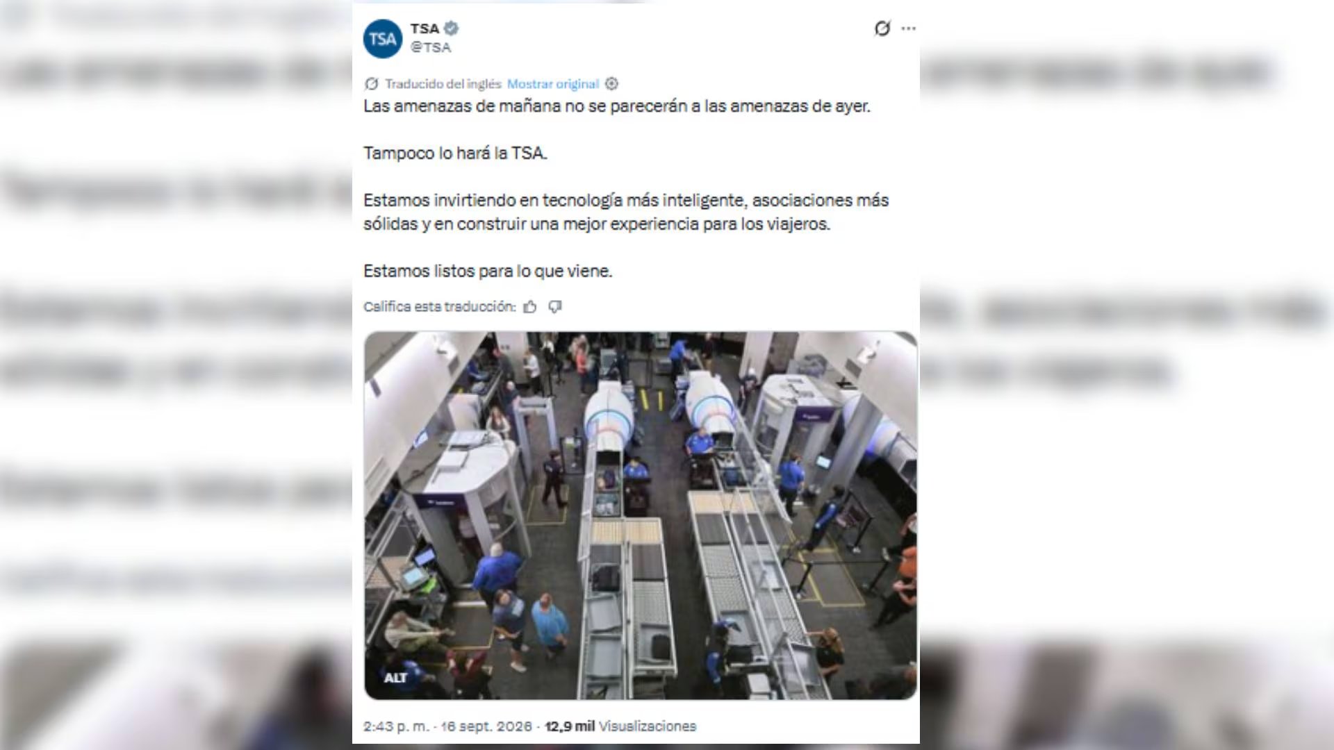 Una publicación en redes sociales de la Administración de Seguridad del Transporte detalla planes de inversión tecnológica en controles aeroportuarios. (TSA)