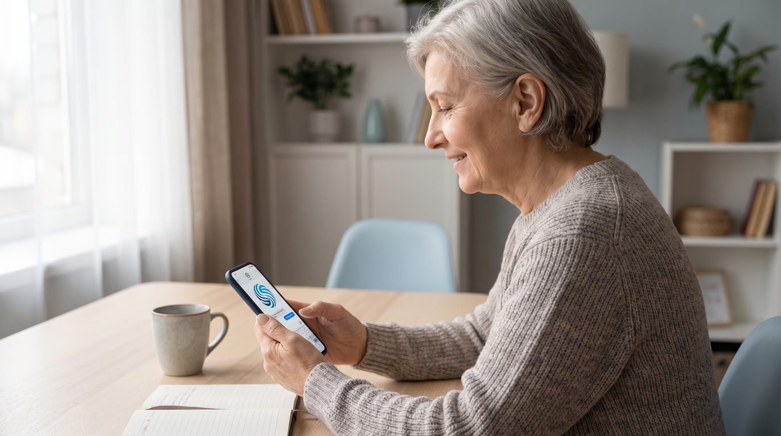 Una mujer mirando su teléfono móvil mientras toma una taza de té. (Imagen Ilustrativa Infobae)