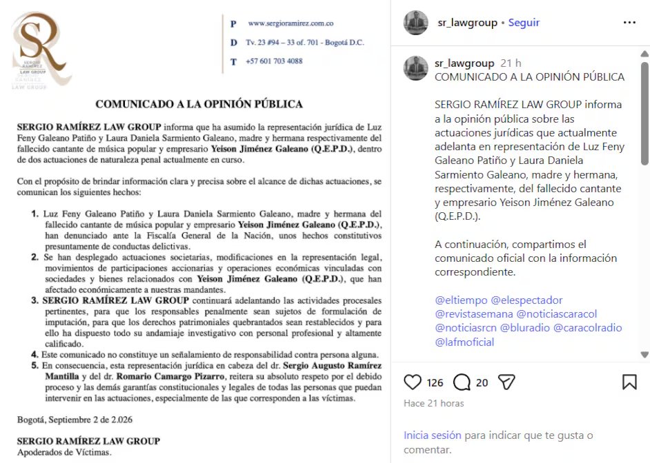 Familia de Yeison Jiménez instauró denuncia en la Fiscalía por presuntos actos económicos de desfalco en los bienes del artista - crédito @sr_lawgroup/IG