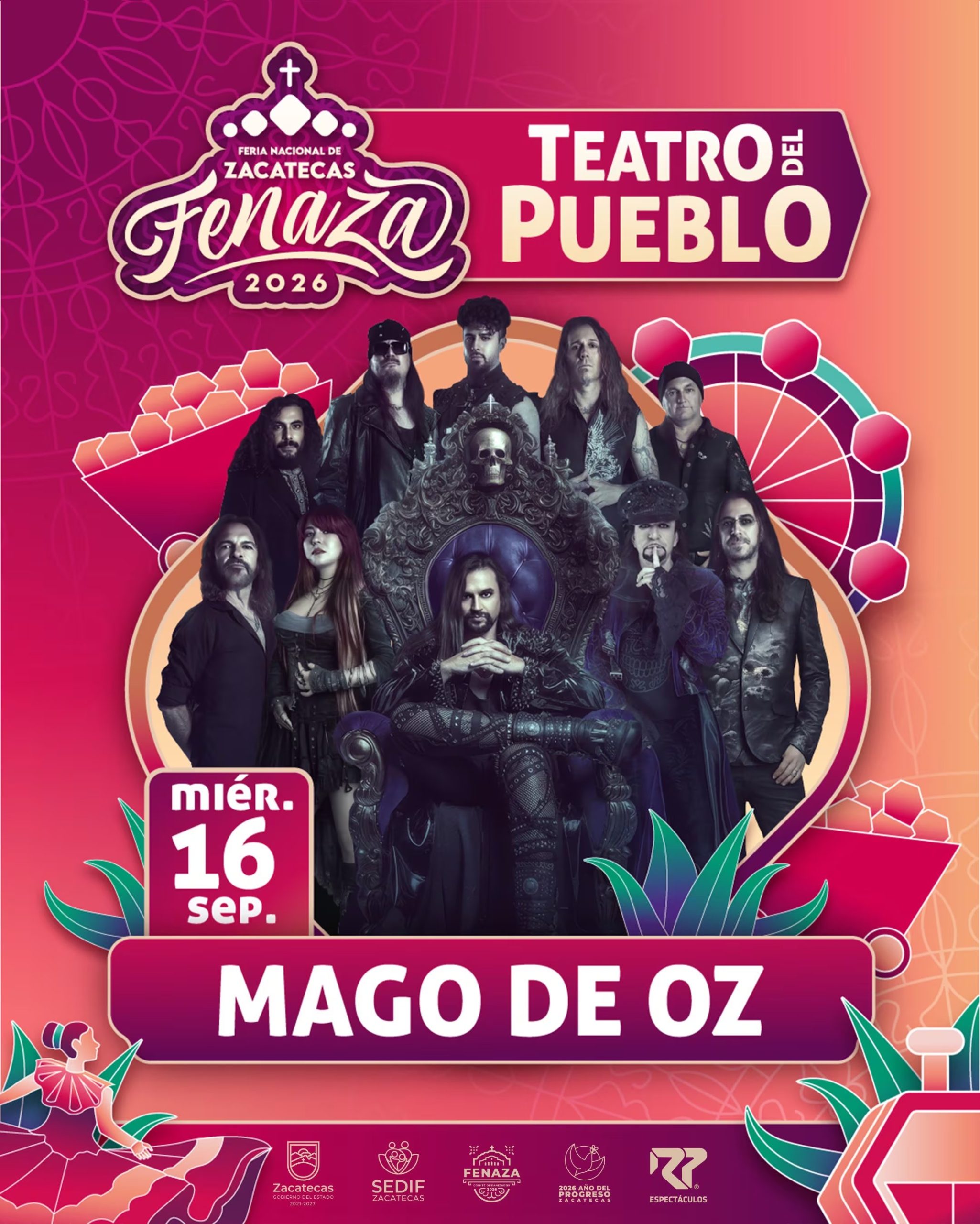 El cartel anuncia la presentación de Mago de Oz en el Teatro del Pueblo de la Feria Nacional de Zacatecas (FENAZA) 2026, con la fecha del 16 de septiembre. (Fenaza)