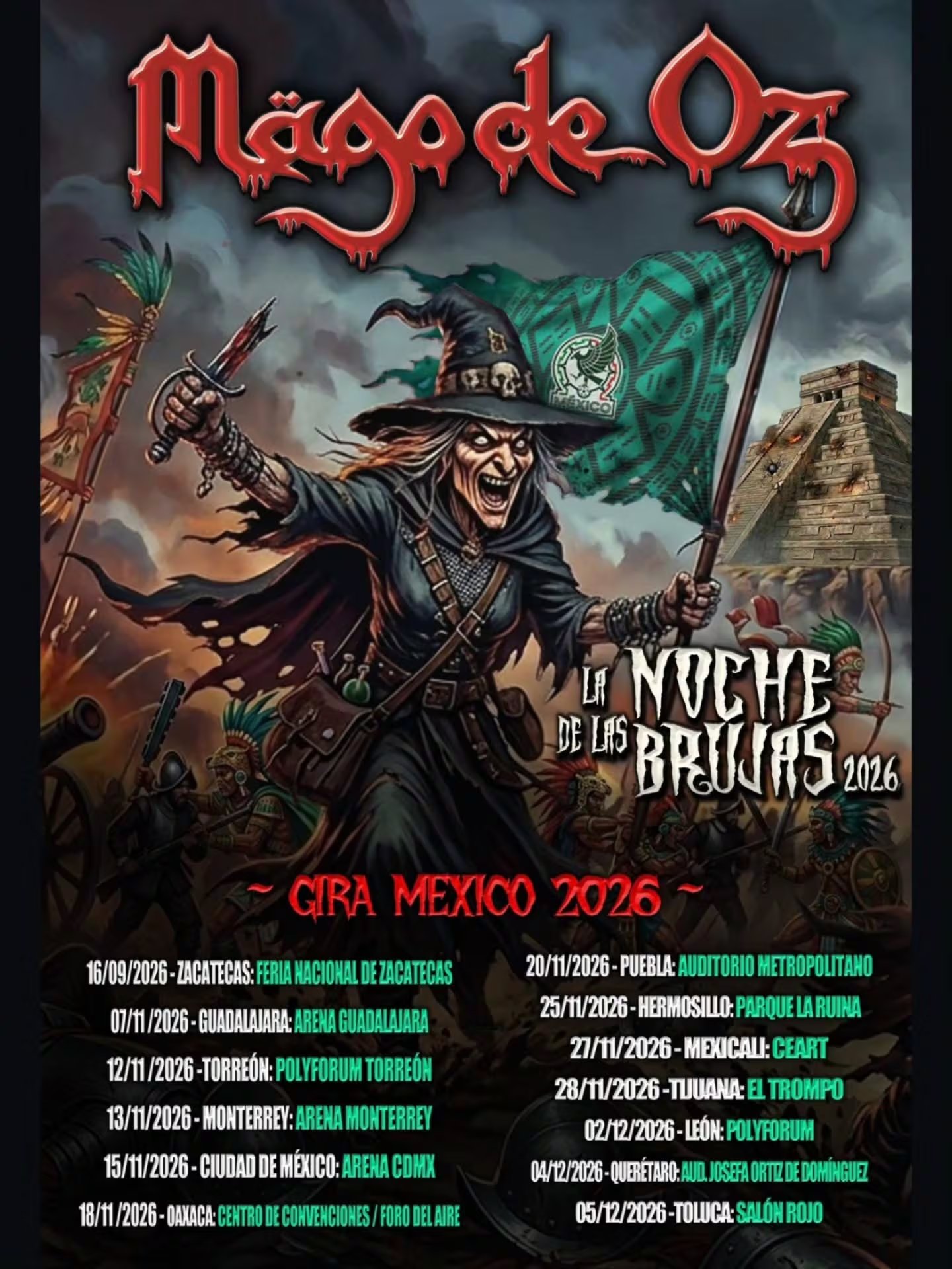 La banda de rock Mägo de Oz presenta la lista de fechas y ciudades de México confirmadas para su gira La Noche de las Brujas 2026. (Mago de Oz/Instagram)