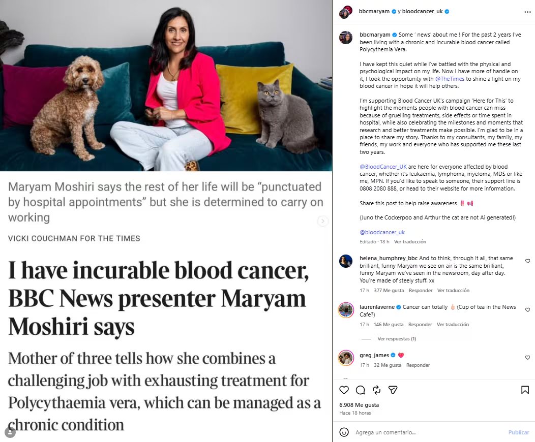 La periodista difundió su diagnóstico de policitemia vera para crear conciencia sobre una enfermedad silenciosa que recibió en noviembre de 2024 (Instagram/@bbcmaryam)