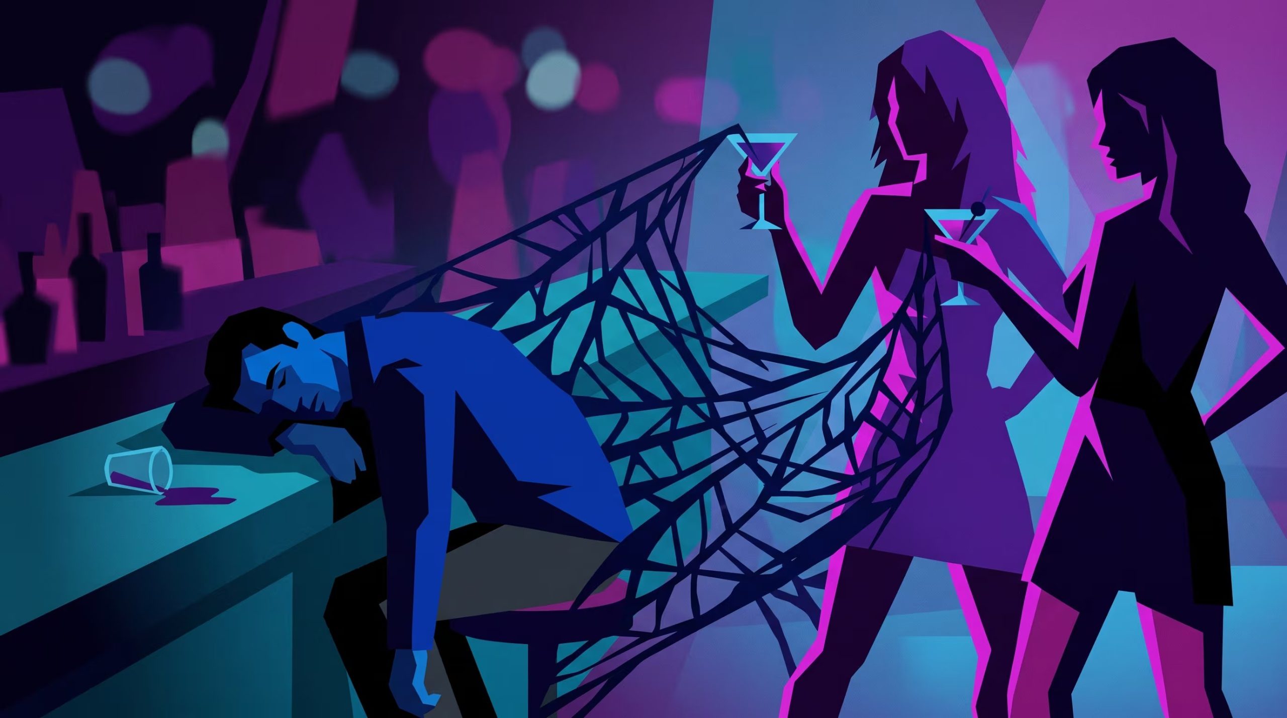 Una red trazada desde las copas de dos mujeres envuelve a un hombre desmayado en la barra de un bar para ilustrar la sumisión química en el ocio nocturno. (Imagen Ilustrativa Infobae)