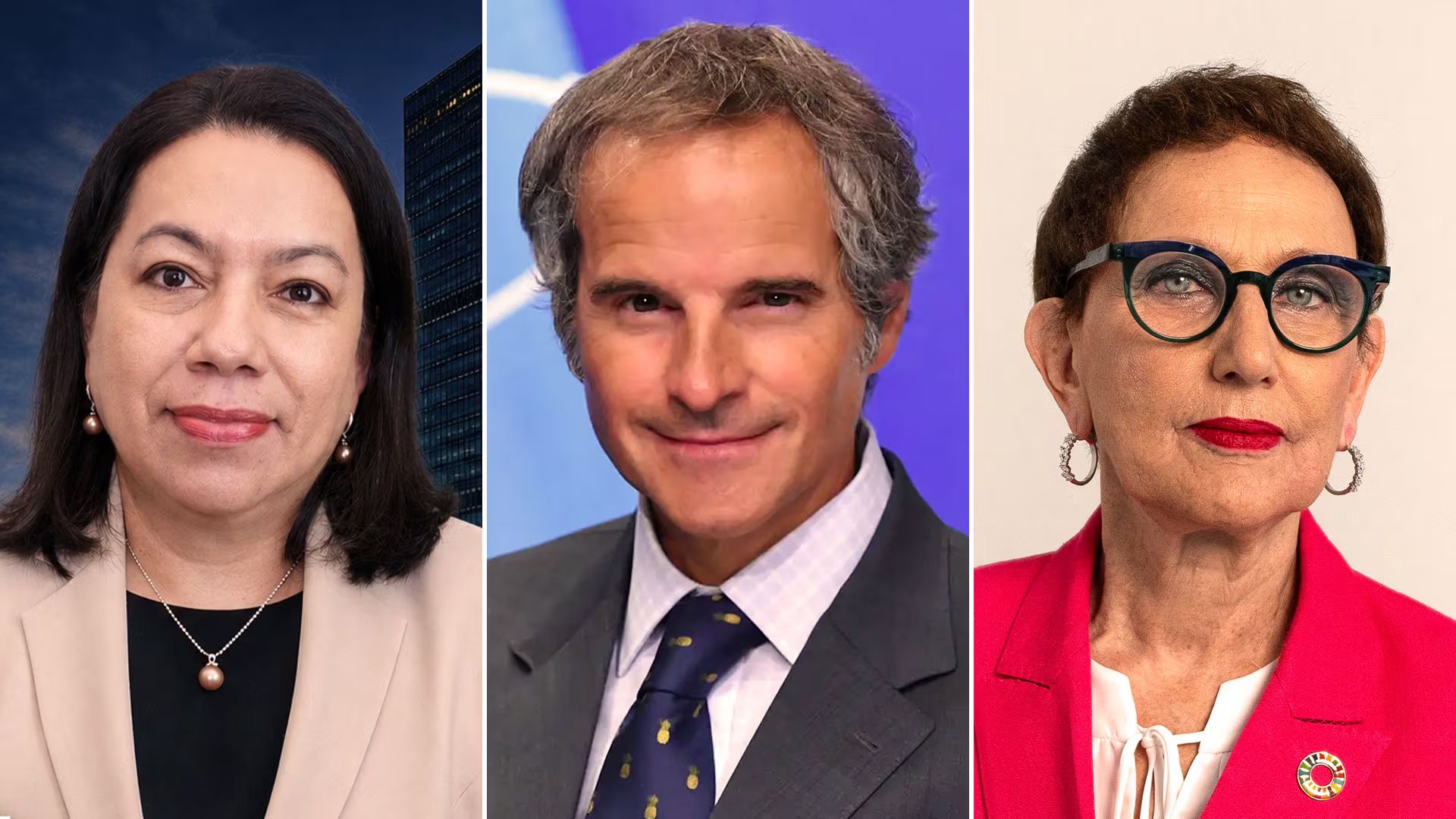Carolyn Rodrigues-Birkett, Rafael Grossi y Rebeca Grynspan, los tres candidatos más votados en el Consejo de Seguridad de la ONU, (New York, Estados Unidos)