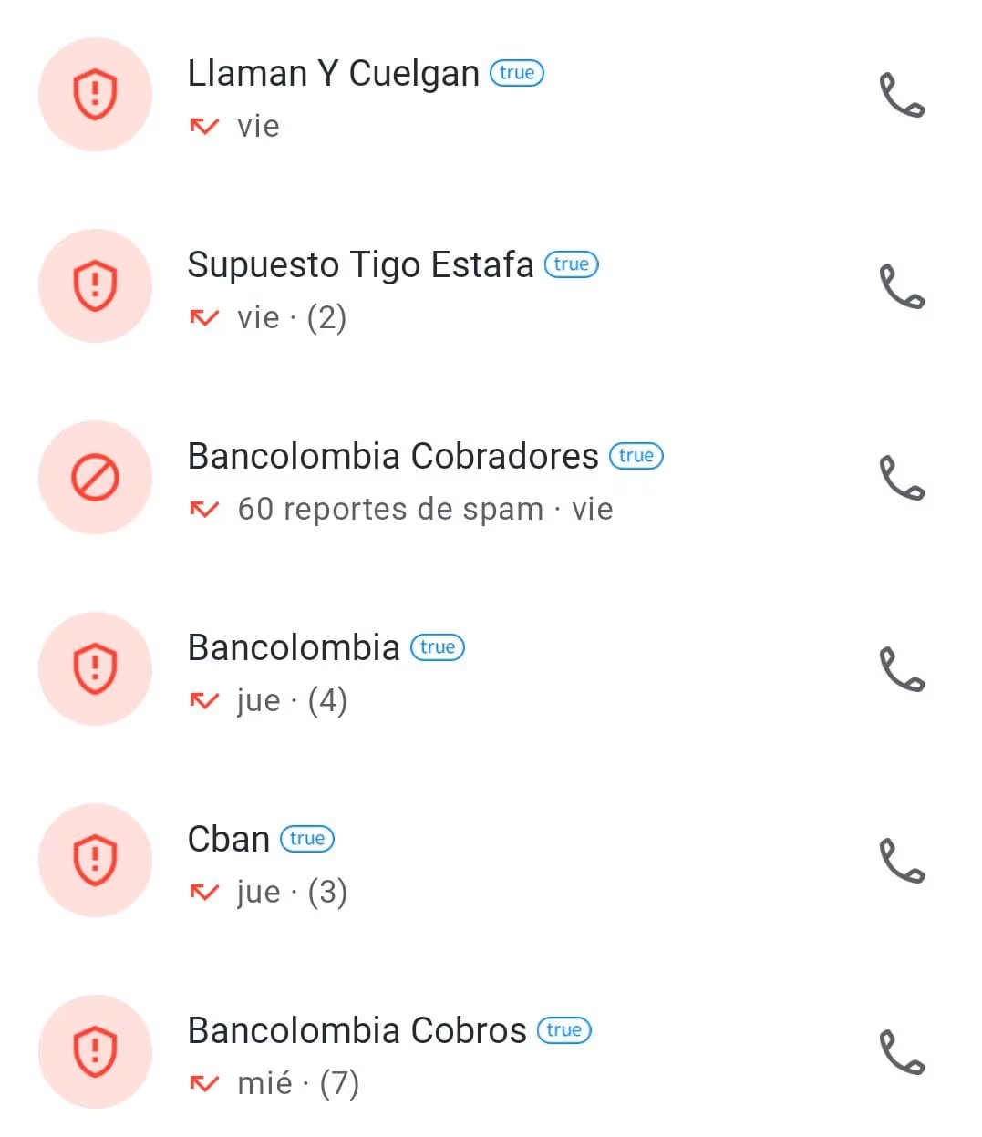 Registro de llamadas aleatorias a una persona promedio en Bogotá por medio de la aplicación para identificar llamadas en dispositivos Android y iOS, Truecaller - crédito captura de pantalla Truecaller