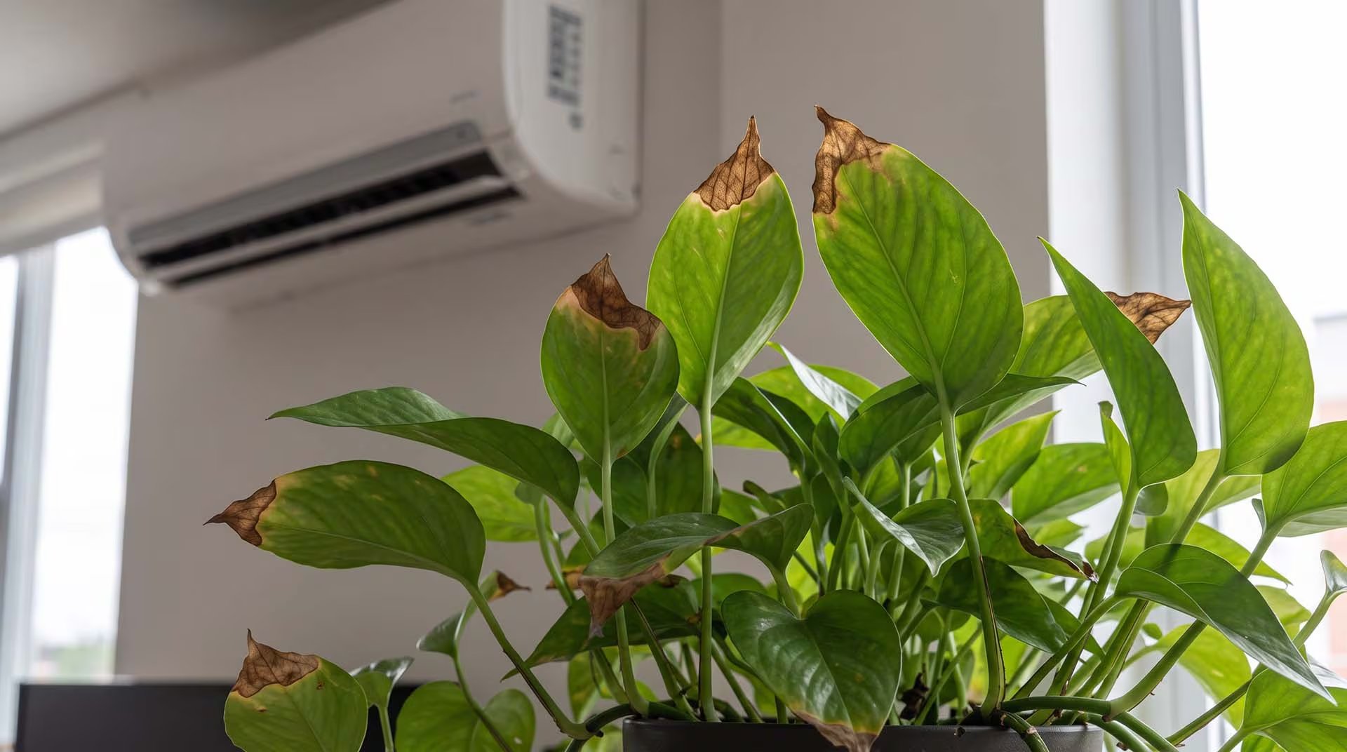 Alejar la planta de la ventana más soleada y ubicarla lejos de las salidas de aire frío o caliente es, en general, suficiente para detener el daño sin cambiar el riego