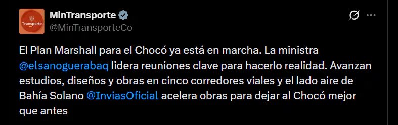 El Ministerio de Transporte señaló que la estrategia apunta a combinar la atención de los daños con proyectos de conectividad para el Chocó - crédito @MinTransporteCo/X