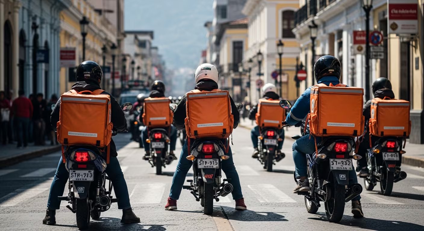 Varios repartidores de comida en motocicleta, equipados con cascos y mochilas anaranjadas, esperan en una calle (Imagen Ilustrativa Infobae)