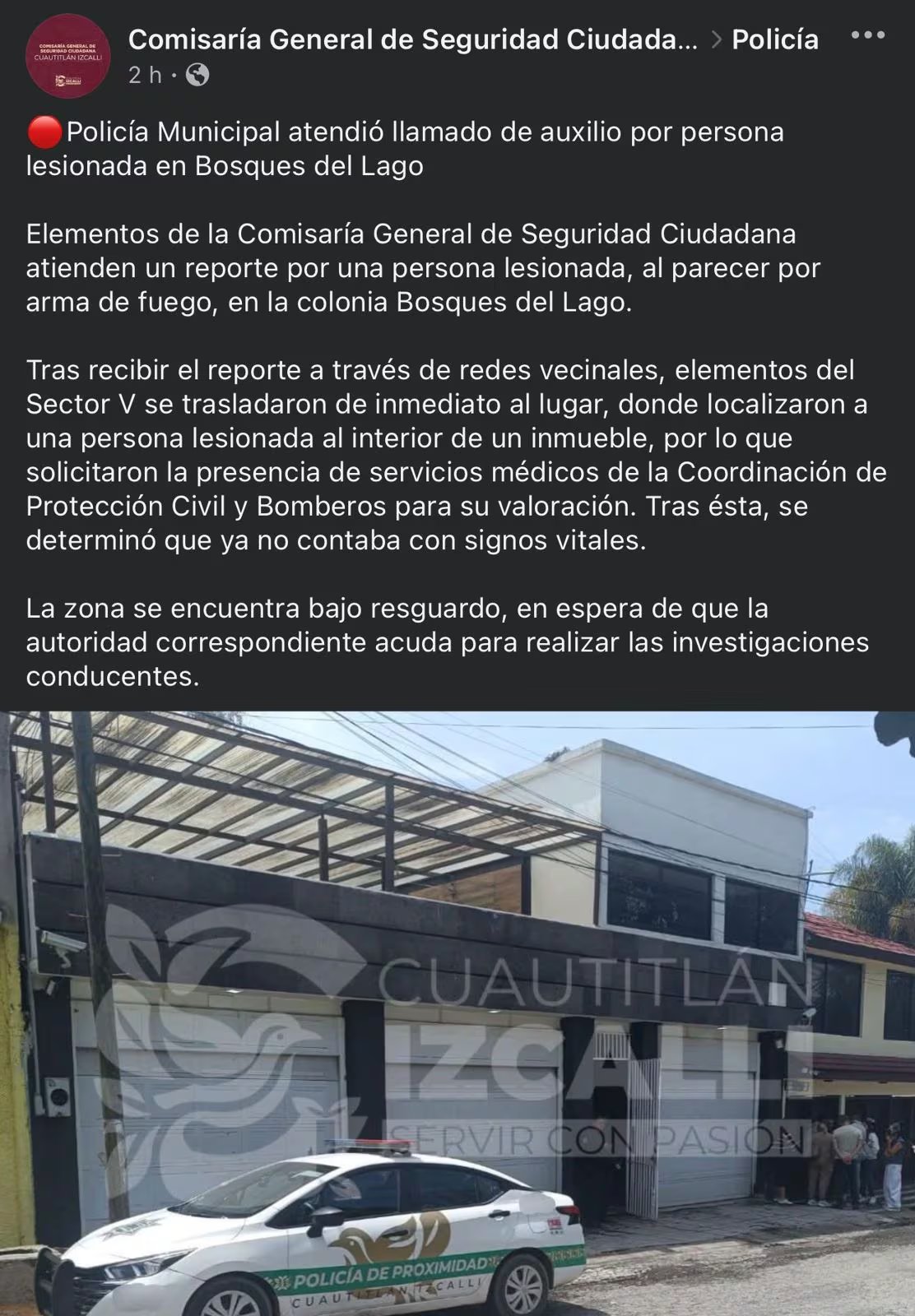 La Comisaría General de Seguridad Ciudadana Cuautitlán Izcalli confirmó, a través de su cuenta oficial de Facebook. (Comisaría General de Seguridad Ciudadana Cuautitlán Izcalli )