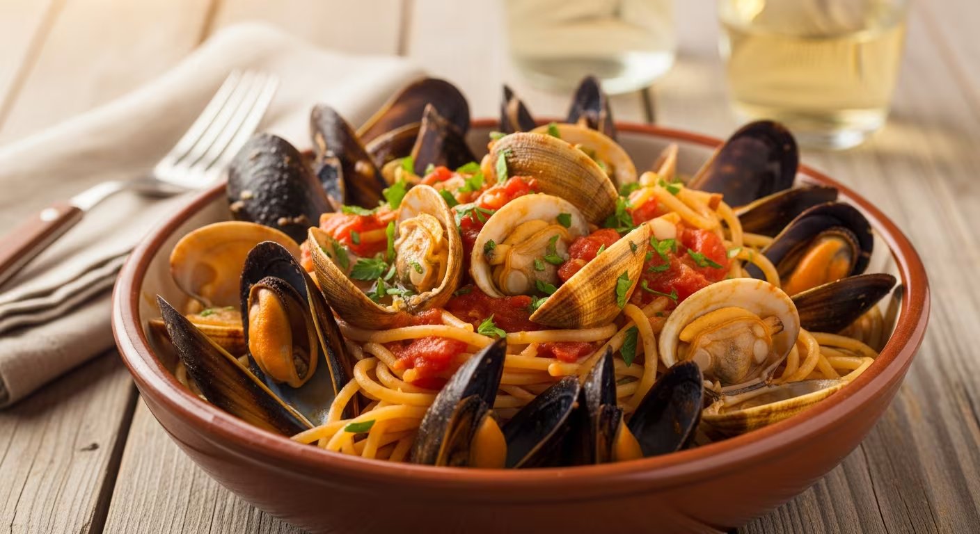 El spaghetti allo scoglio de Campania combina pasta larga con mariscos frescos y una cocción breve propia de la cocina marinera del sur de Italia. (Imagen Ilustrativa Infobae)