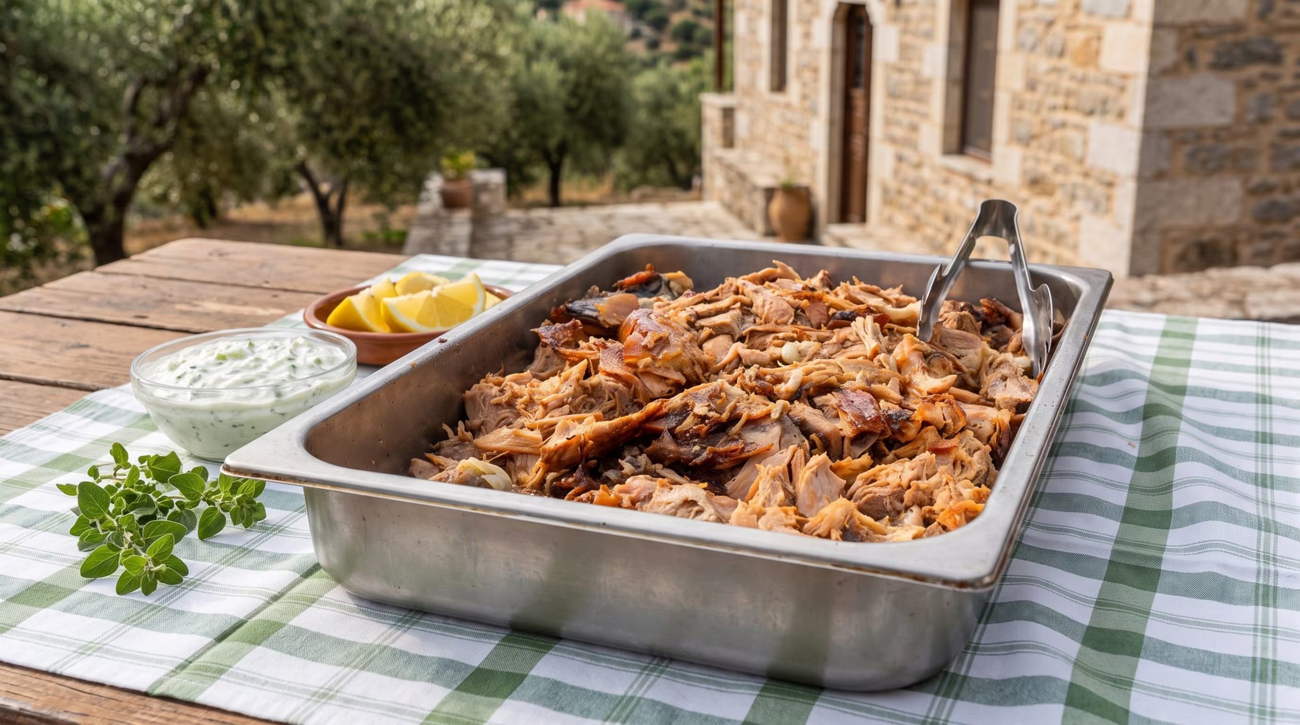 Gournopoula, un plato tradicional de lechón asado del Peloponeso, presentado junto a salsa tzatziki y limones (Imagen Ilustrativa Infobae)