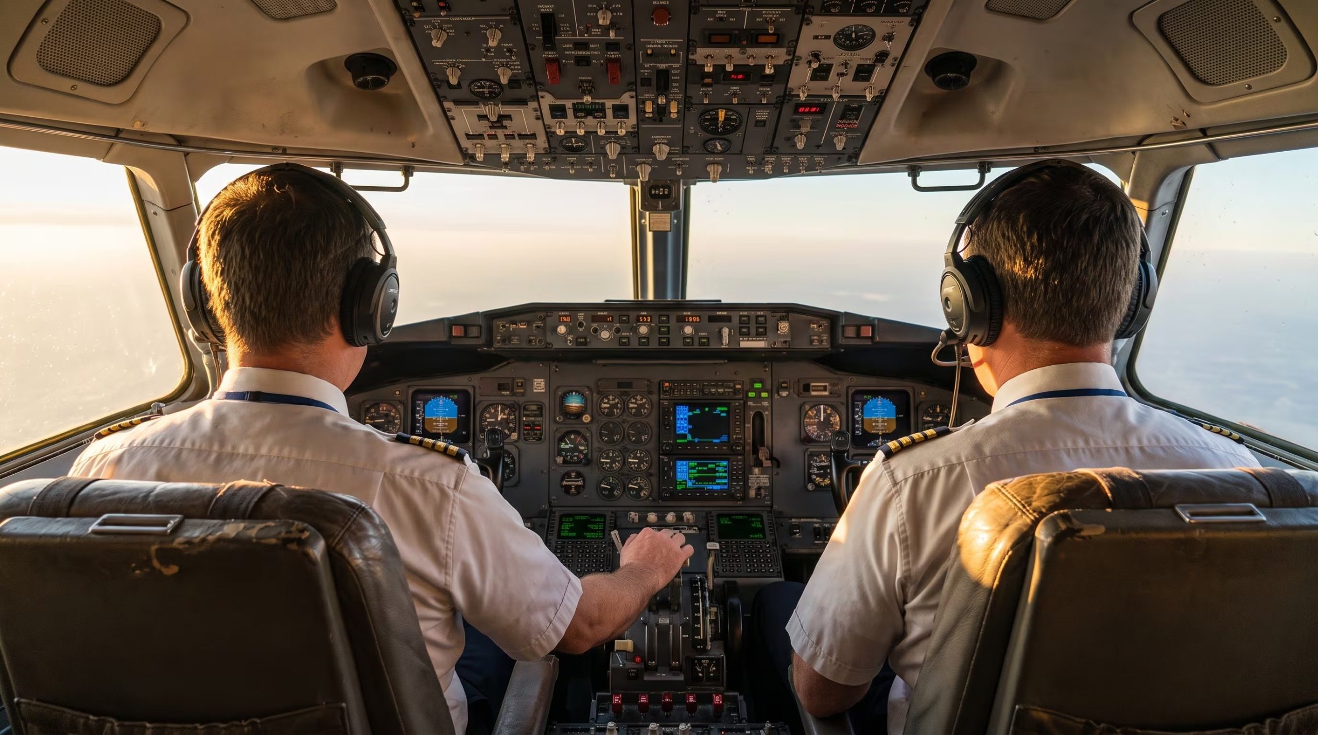 Dos pilotos con auriculares se concentran en los mandos e instrumentos de la cabina de un avión durante una fase de vuelo. (Imagen Ilustrativa Infobae)