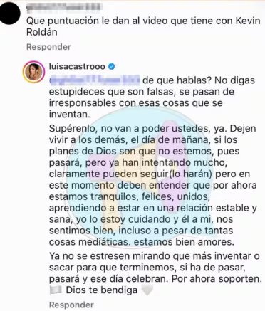 Un usuario preguntó a Luisa Castro por una presunta grabación vinculada con Kevin Roldán, una versión que ella negó públicamente - crédito rechismes / Instagram