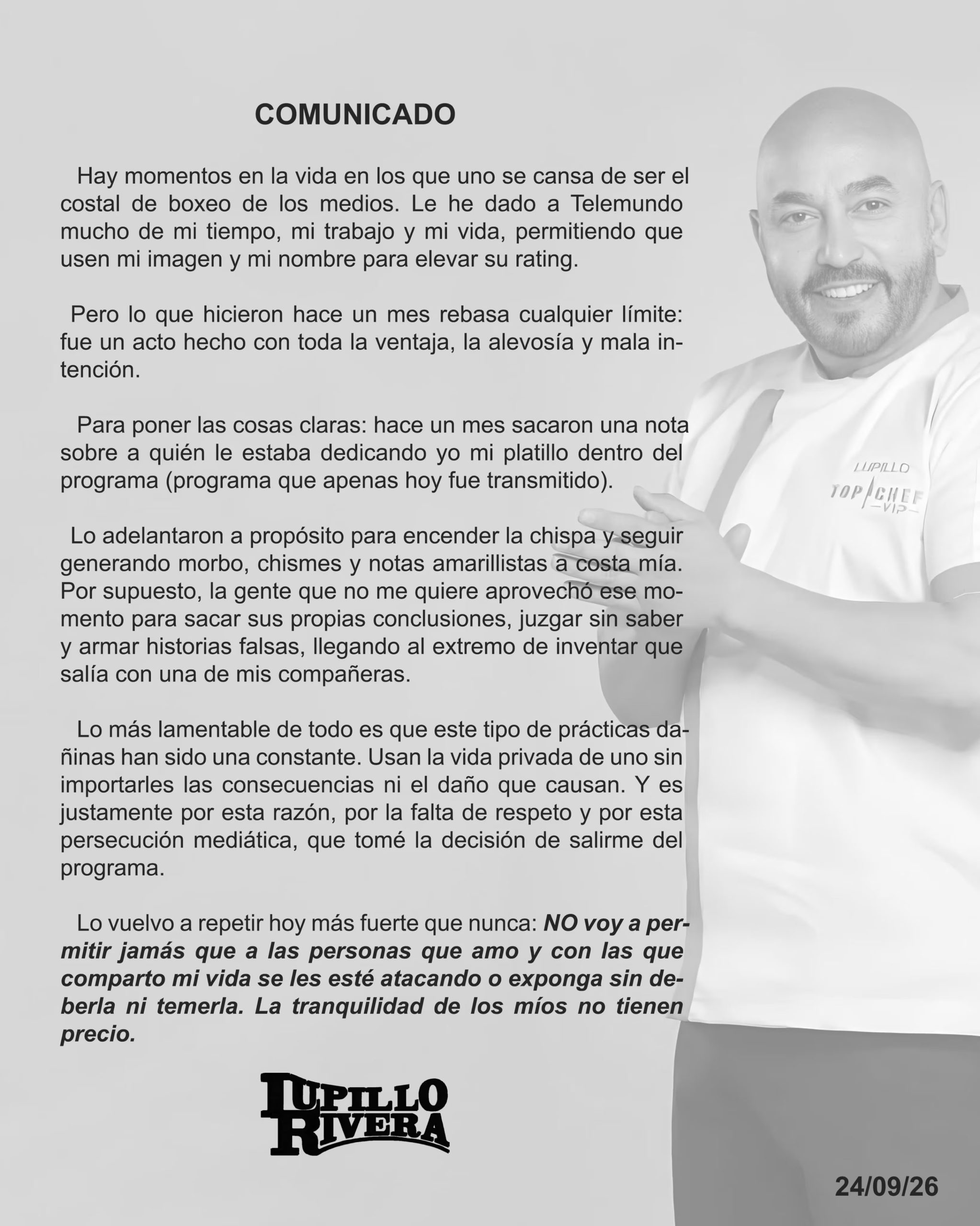 El cantante Lupillo Rivera comunica su renuncia al programa de televisión Top Chef VIP tras acusar a la cadena Telemundo de persecución mediática. (Lupillo Rivera/Instagram)