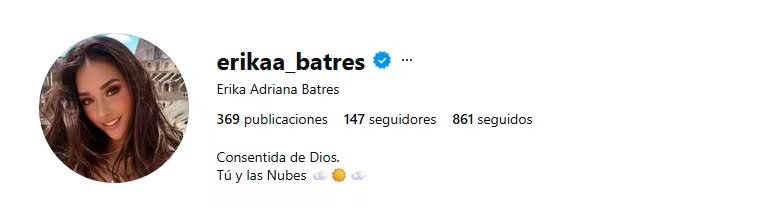 El perfil verificado de Erika Adriana Batres en redes sociales presenta el recuento de sus publicaciones, seguidores y la información de la cuenta. (Instagram/Erika Batres)