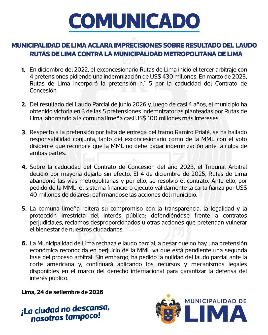 La Municipalidad Metropolitana de Lima aclara el resultado del laudo parcial en el proceso arbitral contra la empresa Rutas de Lima en Perú. (Municipalidad Metropolitana de Lima)