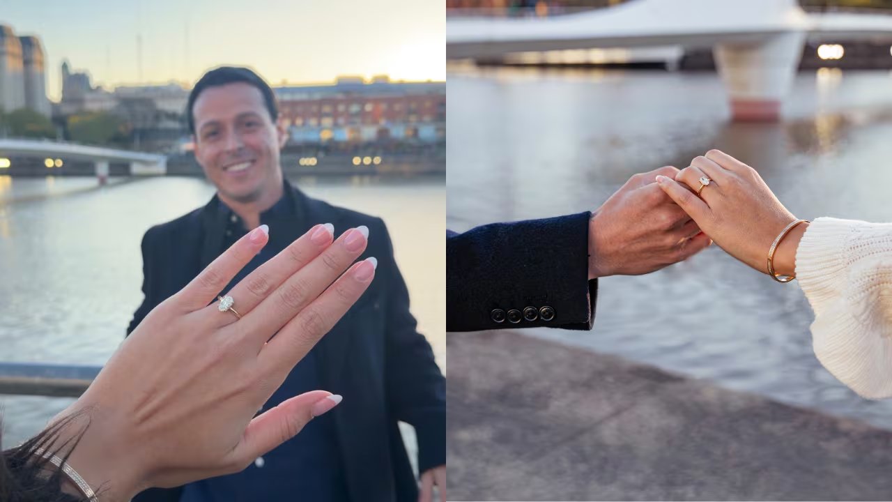 Micaela Bebin muestra su anillo de compromiso en compañía de Tiago del Río durante su anuncio de matrimonio en Buenos Aires. (Instagram Mica Bebin)