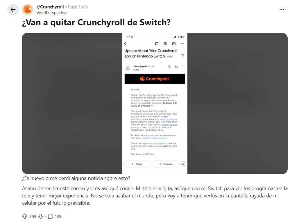 Crunchyroll será retirado de Nintendo Switch, según un correo electrónico que han recibido varios usuarios. (Reddit)
