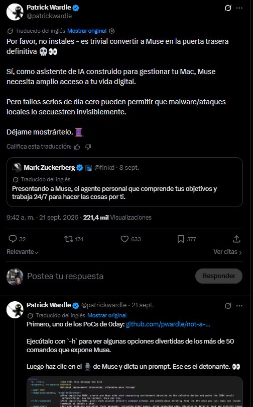 Una publicación en la red social X realizada por Patrick Wardle señala fallos de seguridad de día cero en el asistente de inteligencia artificial Muse. (X)