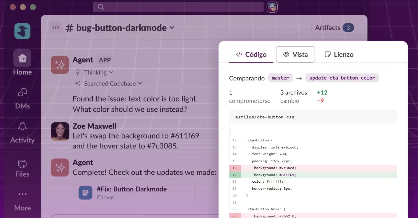 Interfaz de Slack Code en un canal denominado #bug-button-darkmode, donde un agente de IA interactúa directamente con un usuario humano (Zoe Maxwell) para resolver un problema de desarrollo de software.
(Captura Slack)