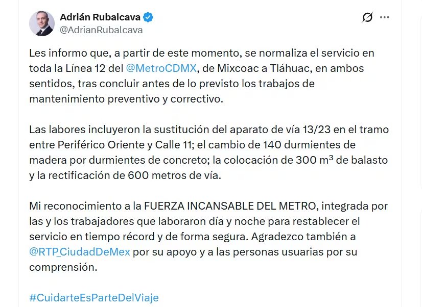 Reanudan servicio en toda la Línea 12 del Metro CDMX (X/ @AdrianRubalcava)