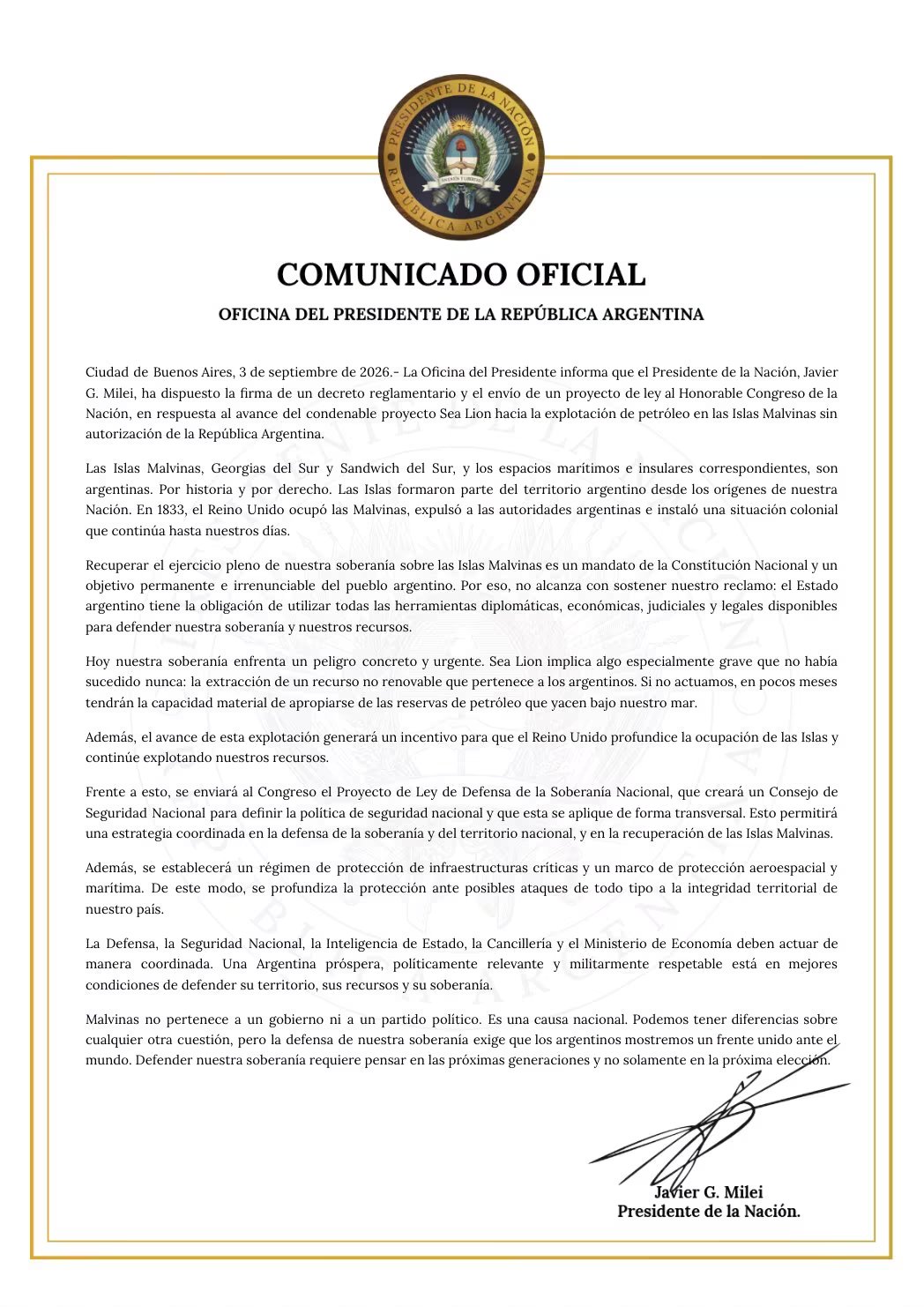 El comunicado de la Oficina del Presidente tras la cadena nacional