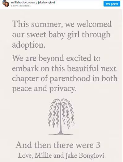 Así fue el anuncio oficial de la llegada de su primera hija (Instagram/MillieBobbyBrown)