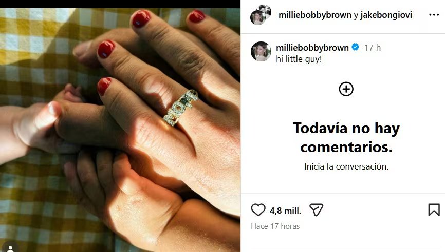 Millie Bobby Brown y Jake Bongiovi compartieron la primera imagen de su segundo hijo a través de Instagram. (Captura: Millie Bobby Brown)