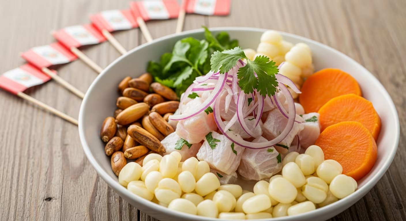 Un plato de ceviche peruano muestra trozos de pescado, choclo, camote, cancha y cebolla morada sobre una mesa de madera con banderas de Perú. (Imagen Ilustrativa Infobae)