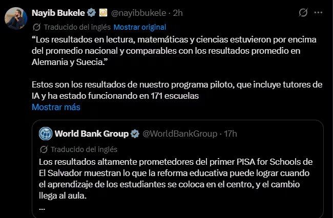 El presidente de El Salvador, Nayib Bukele, compartió en la red social X la publicación del Banco Mundial que destaca los resultados del programa piloto con inteligencia artificial en escuelas públicas. (Foto: Captura X/@nayibbukele)