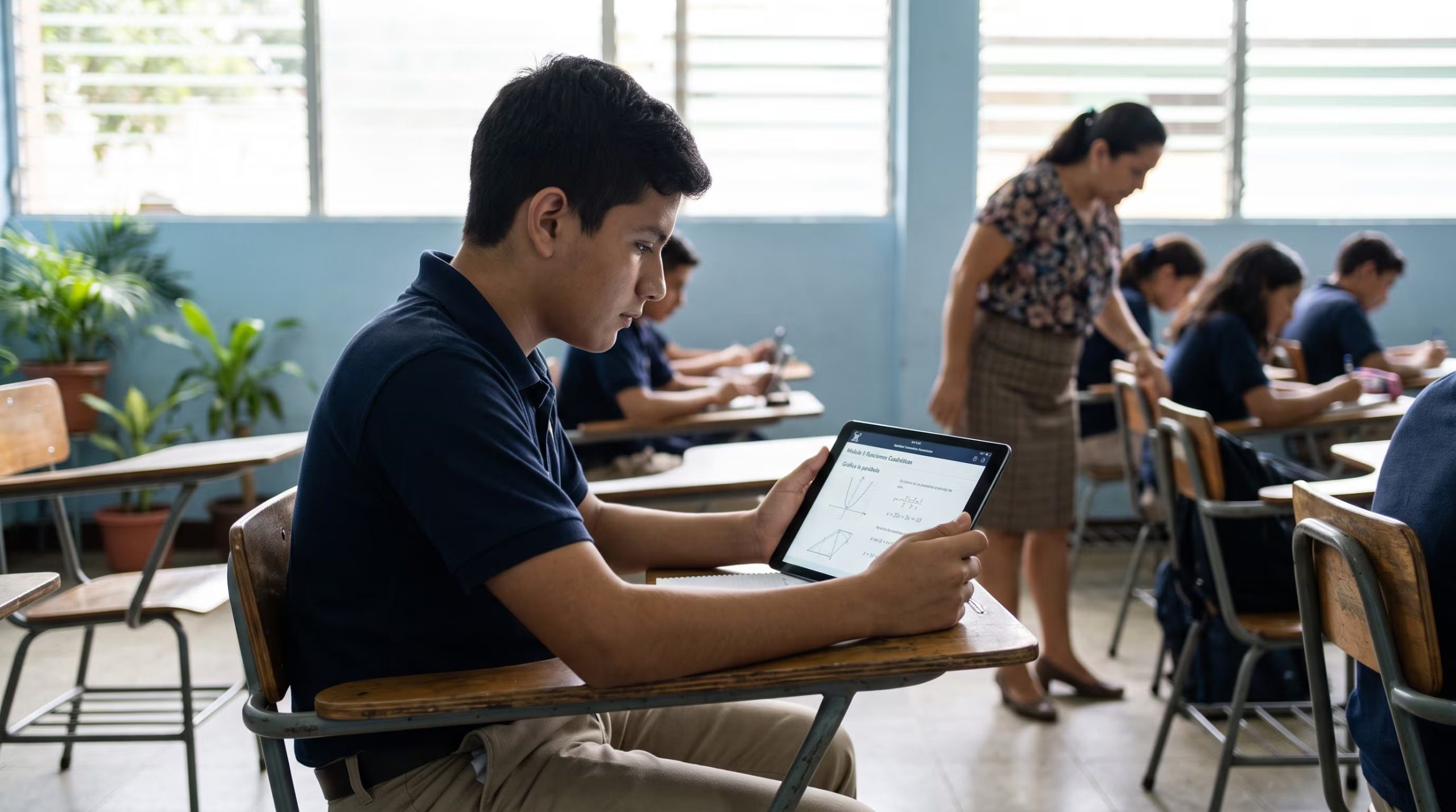 Un estudiante de secundaria utiliza una tableta digital para resolver ejercicios de matemáticas en un aula de escuela pública en América Central. (Imagen Ilustrativa Infobae)