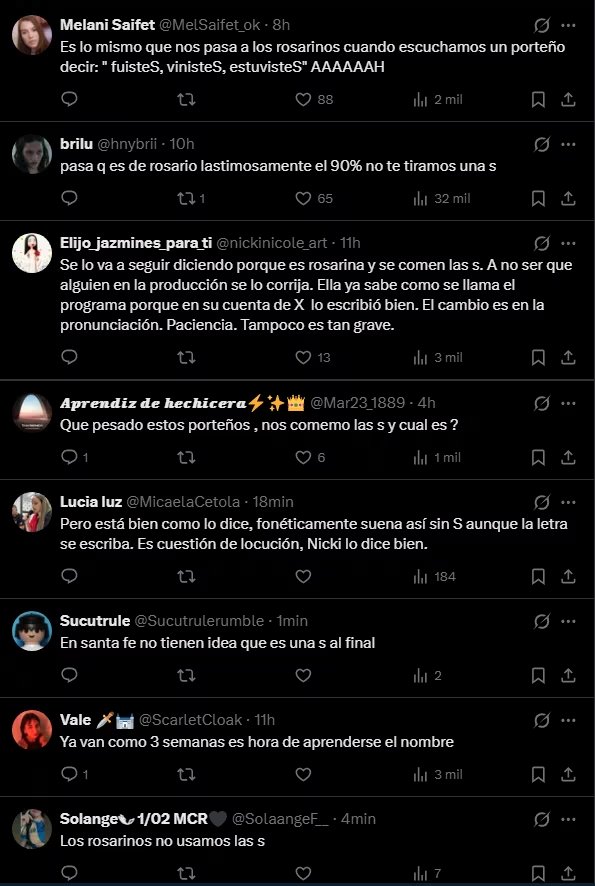 Varias publicaciones en la red social X opinan sobre la pronunciación de la cantante Nicki Nicole y los modismos de las ciudades de Rosario y Santa Fe