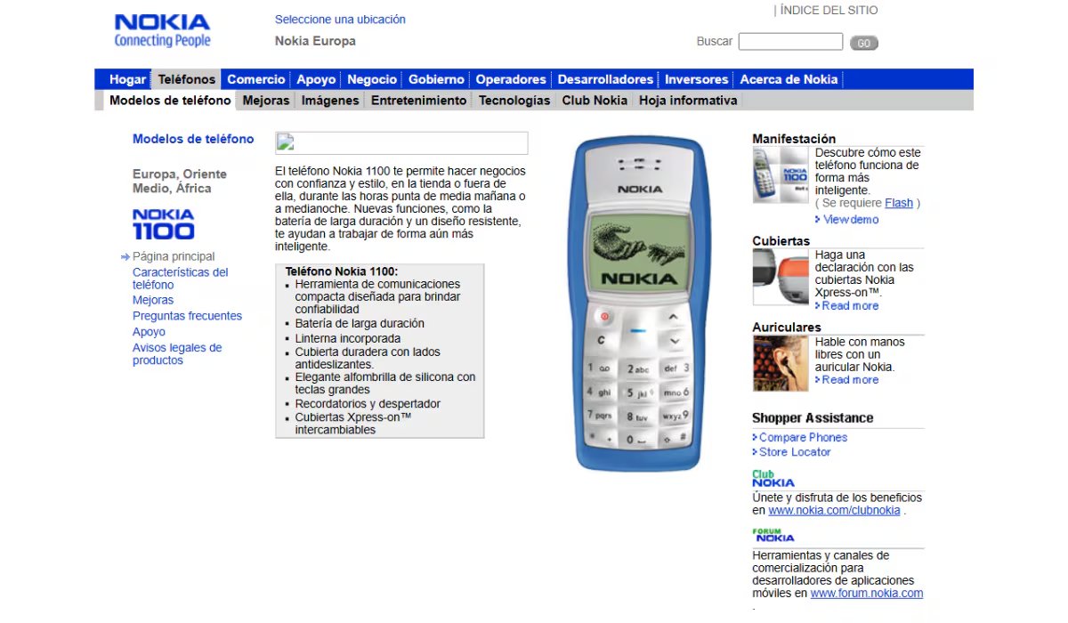 Así lucía el sitio web de Nokia en el que exponían las principales características del 1100. (Nokia)